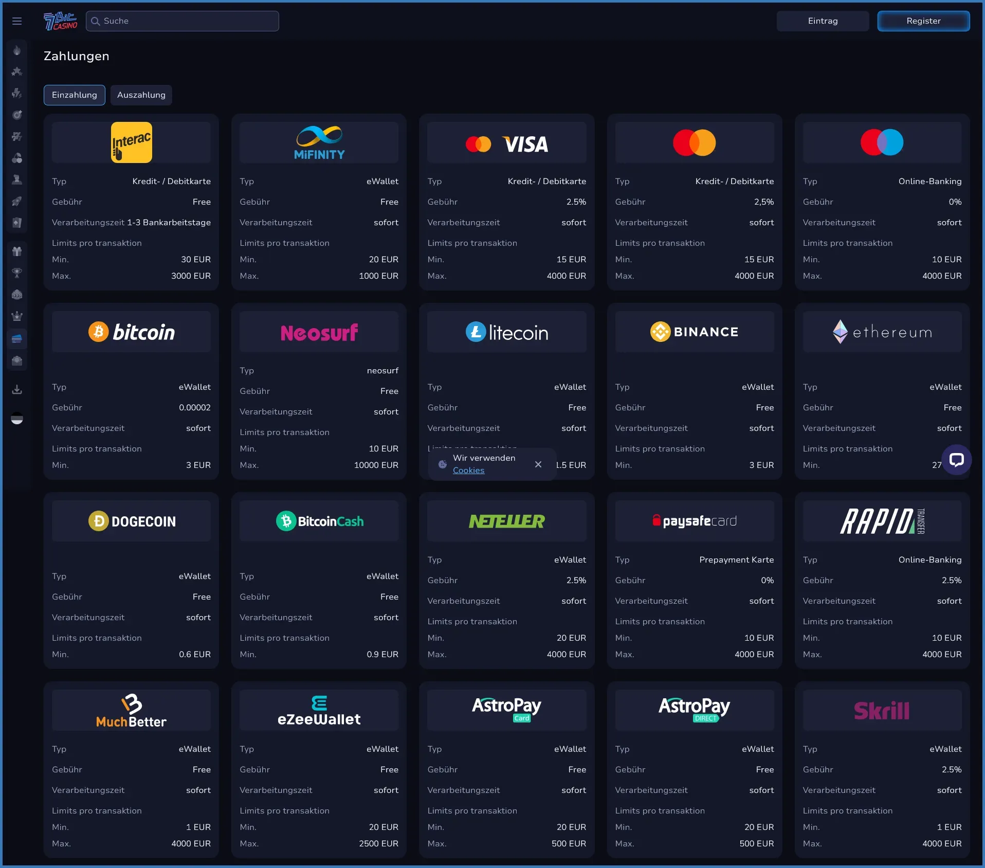 Überblick über die Zahlungsmethoden im 7BitCasino