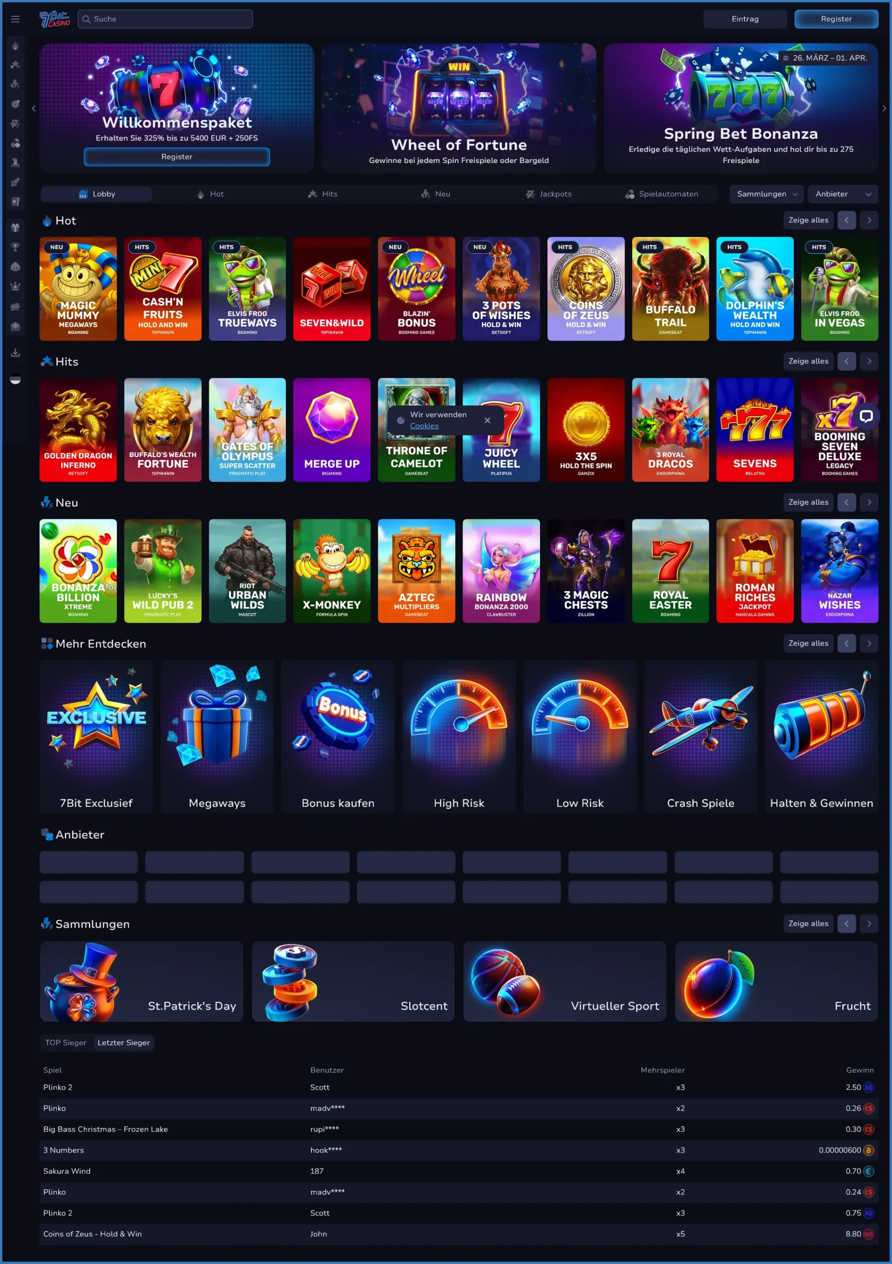 Kompakte Übersicht der Hauptkategorien von 7BitCasino