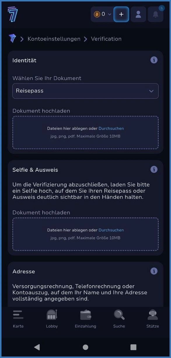 Verifizierung im 7Bit Casino mit Dokumenten